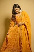 LUXURIOUS YELLOW GEORGETTE ANARKALI SUIT SET WITH LAKHNAWI WORK