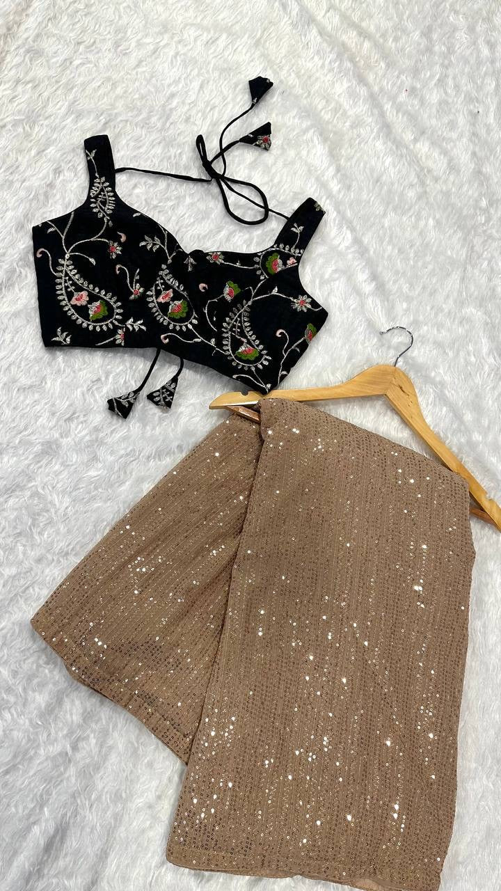 DESIGNER LOOK SEQUENCE WORKED BEIGE COLOR SAREE WITH BLACK COLOR BLOUSE