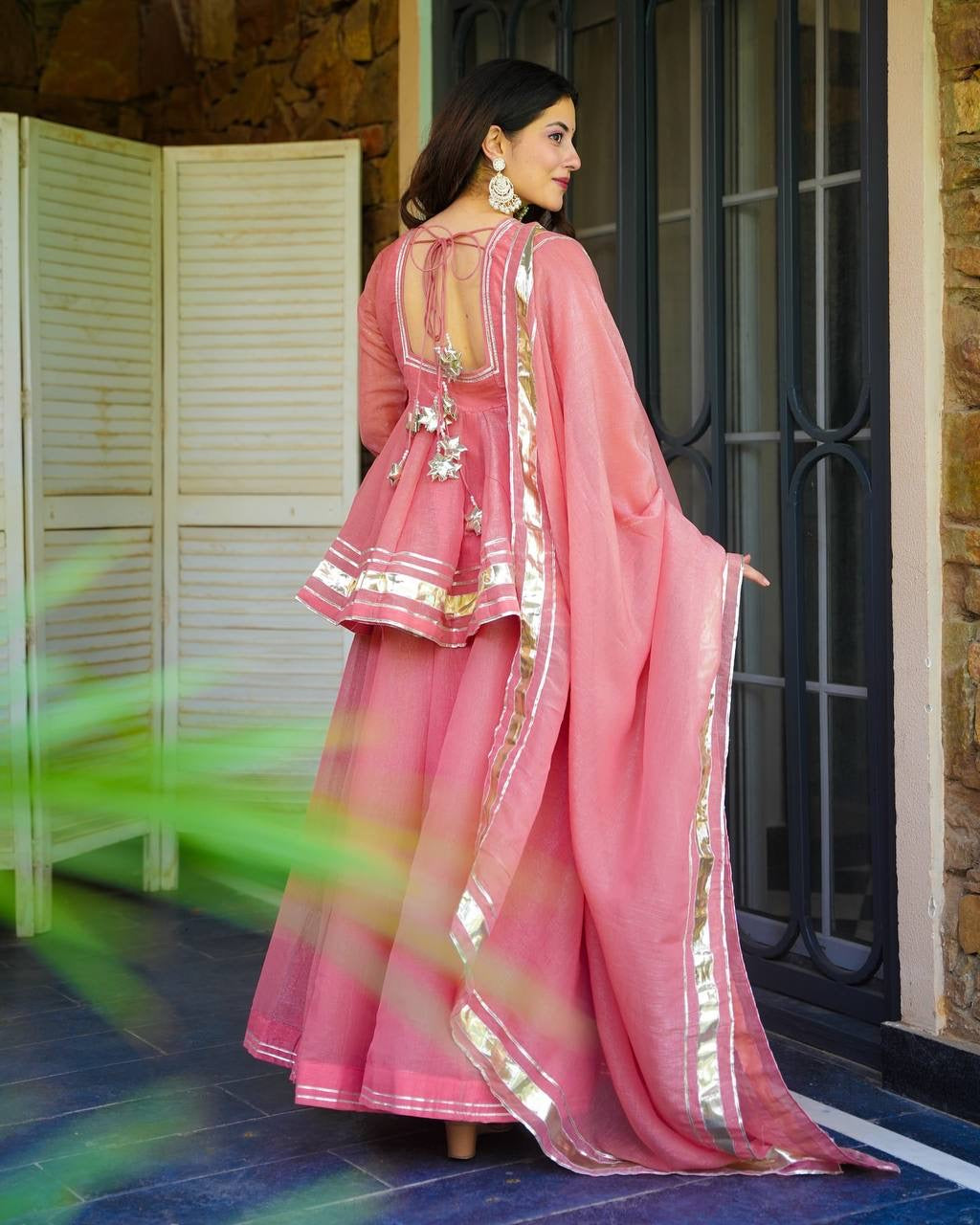 PINK COLOR TISSUE CRUSH FABRIC KURTA SUIT SET OF 3