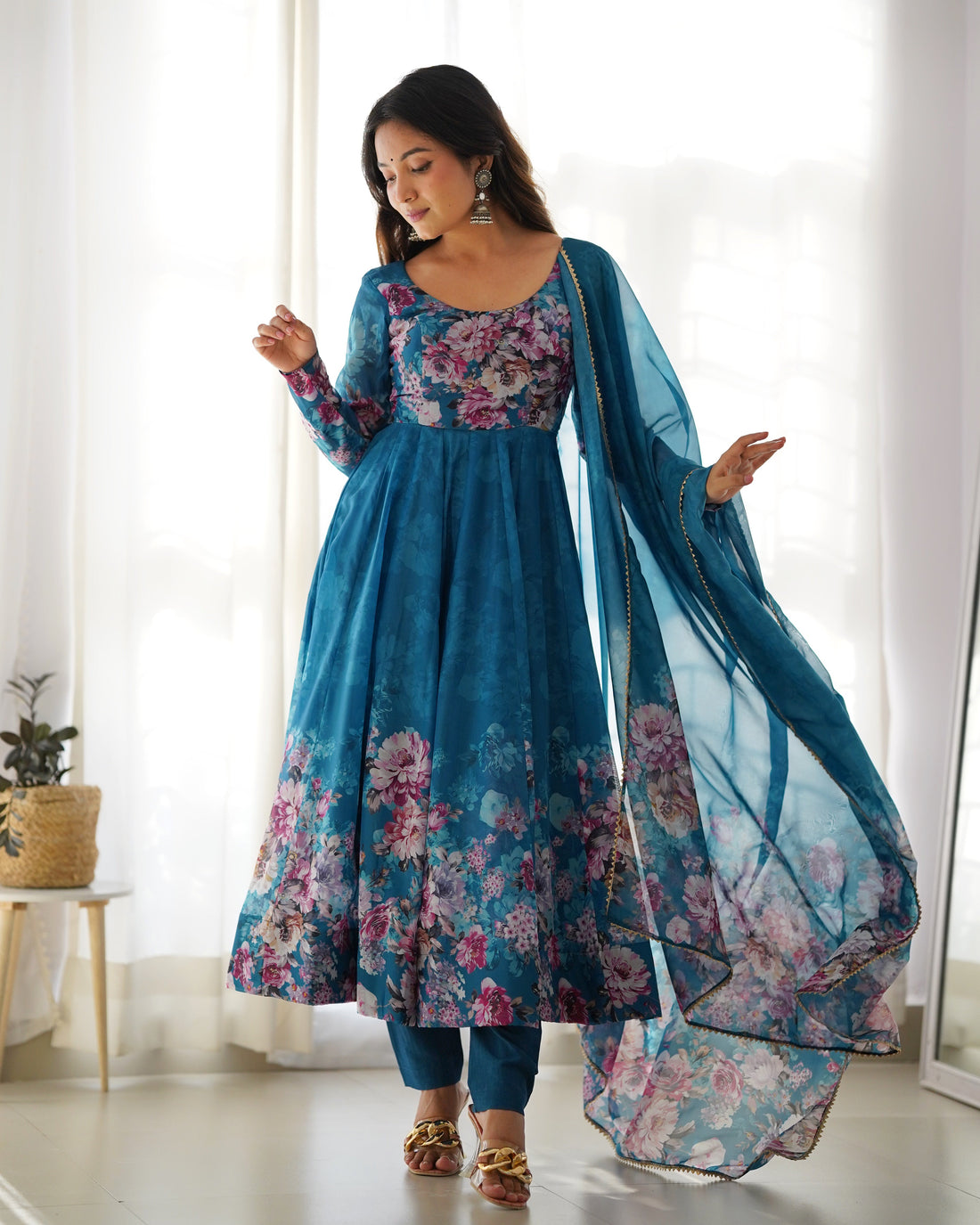 LUXURIOUS TURKISH FLORAL PRINTED ORGANZA ANARKALI SUIT SET WITH DUPATTA