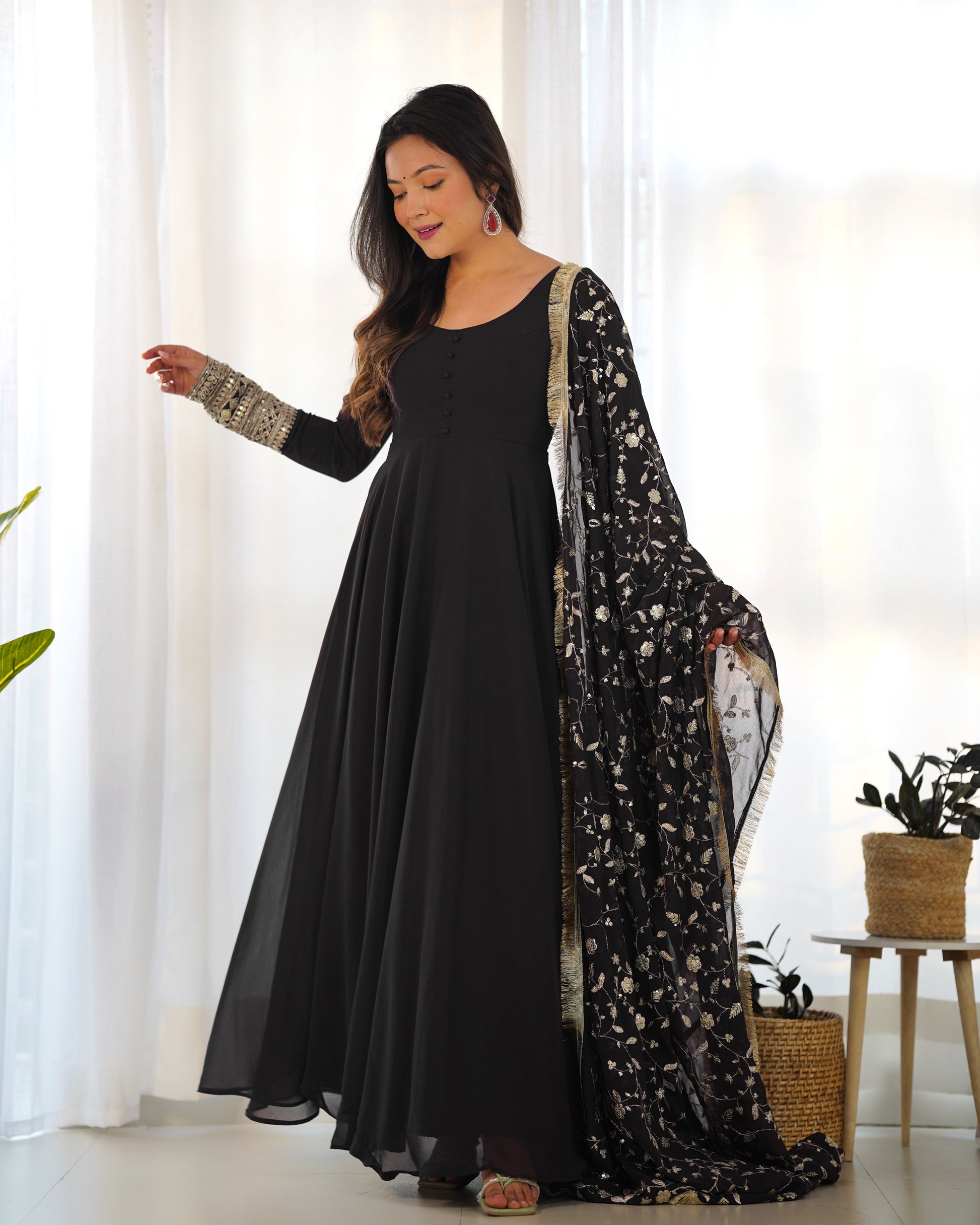 TIMELESS BLACK GEORGETTE GOWN ENSEMBLE LUXURIOUS EMBELLISHMENTS