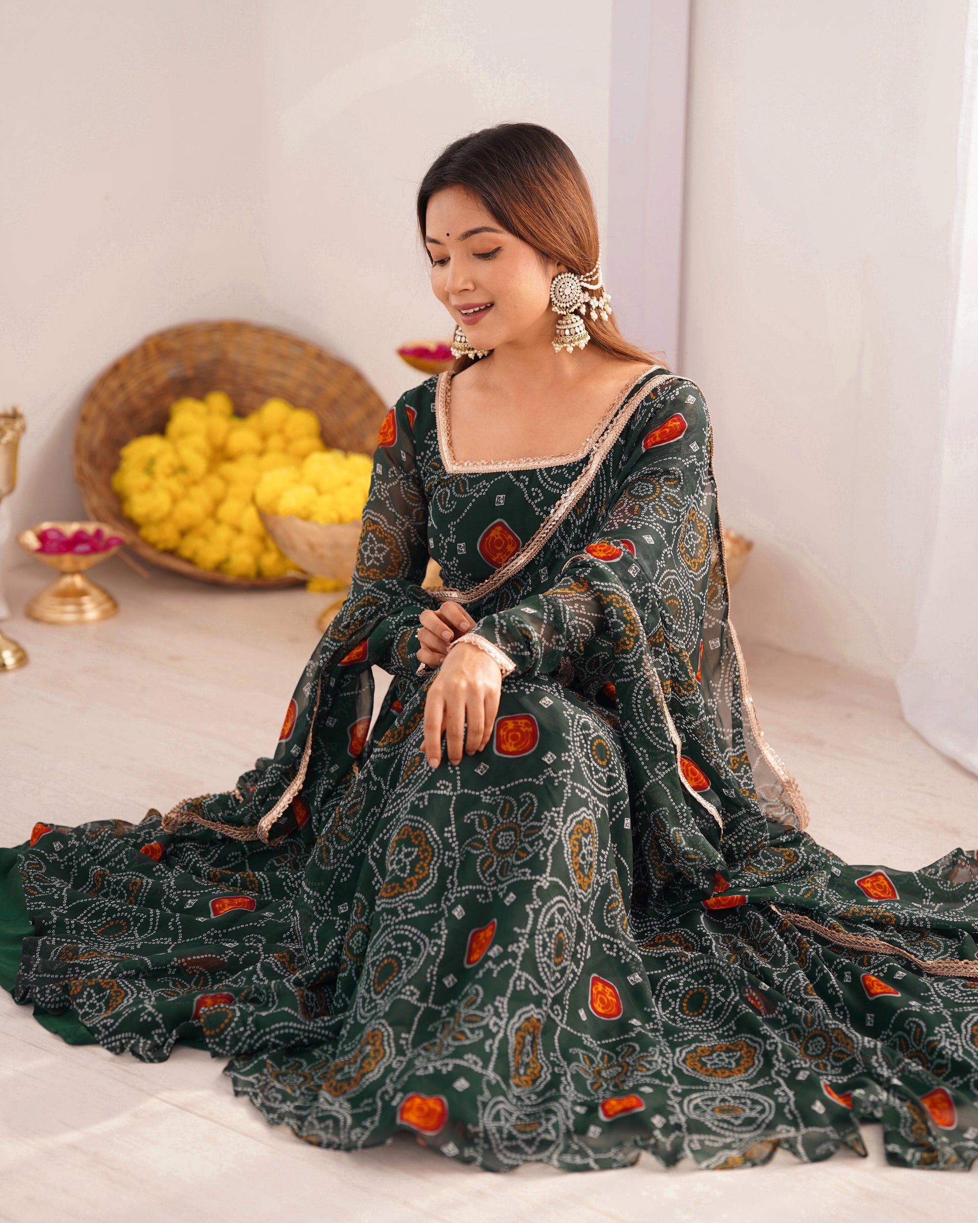 FLORAL GREEN COLOR BANDHANI PRINT SOFT CHIFFON THREE PIECE ANARKALI GOWN