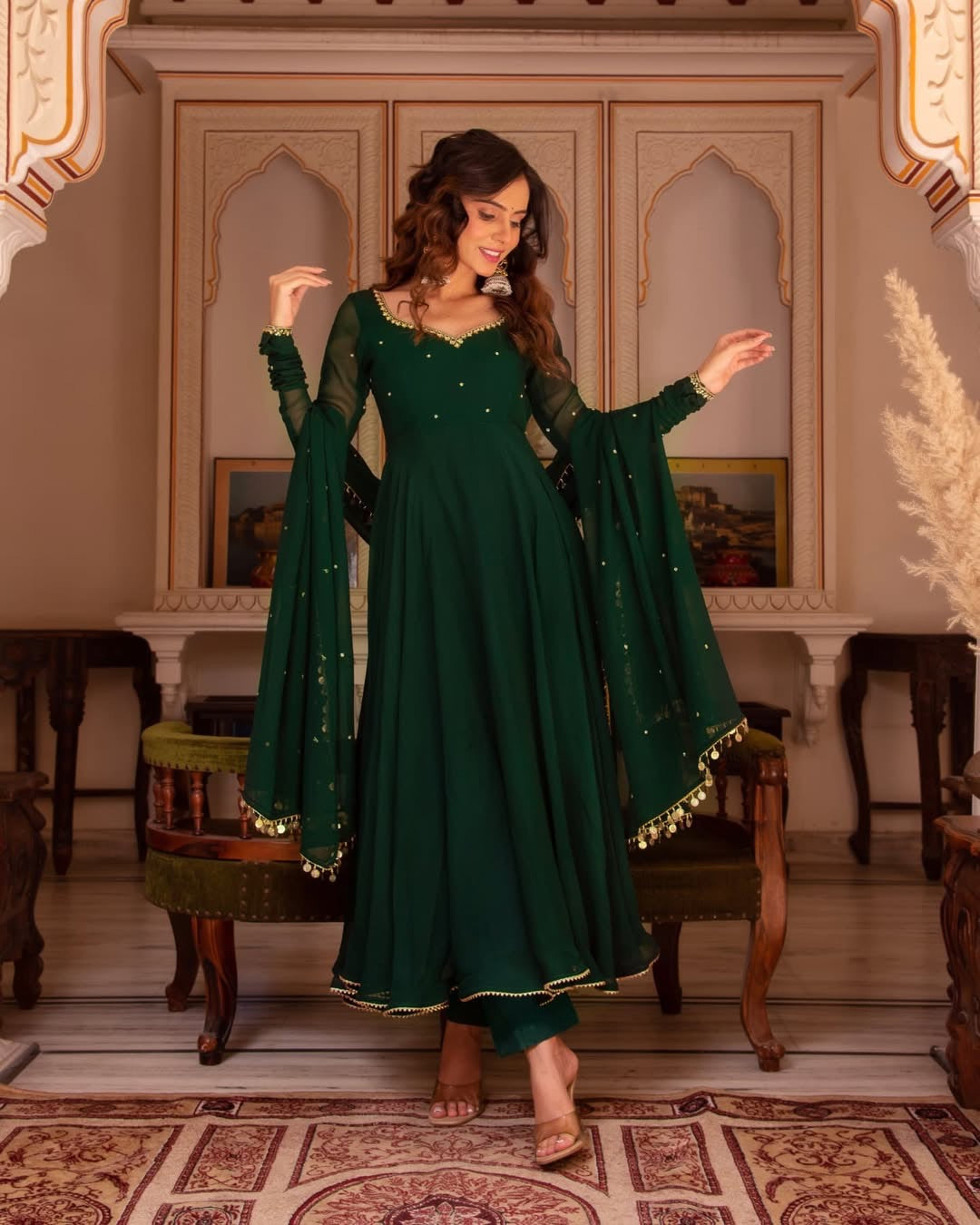 GREEN COLOR GEORGETTE ANARKALI SUIT WITH DUPATTA