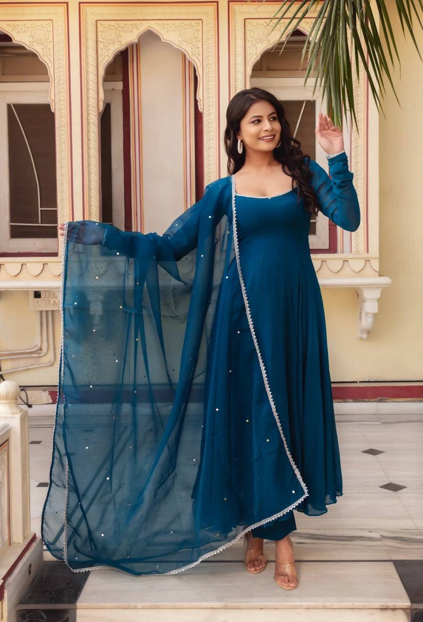 EYE CATCHING REGAL BLUE GEORGETTE BASE ANARKALI SUIT SET OF 3