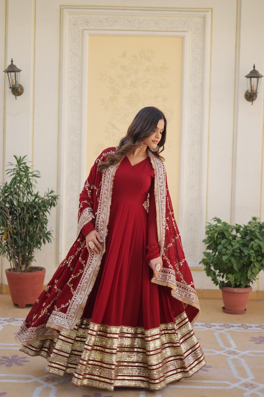 LUXURIOUS MAROON HEAVY DESIGNER GOWN WITH DUPATTA