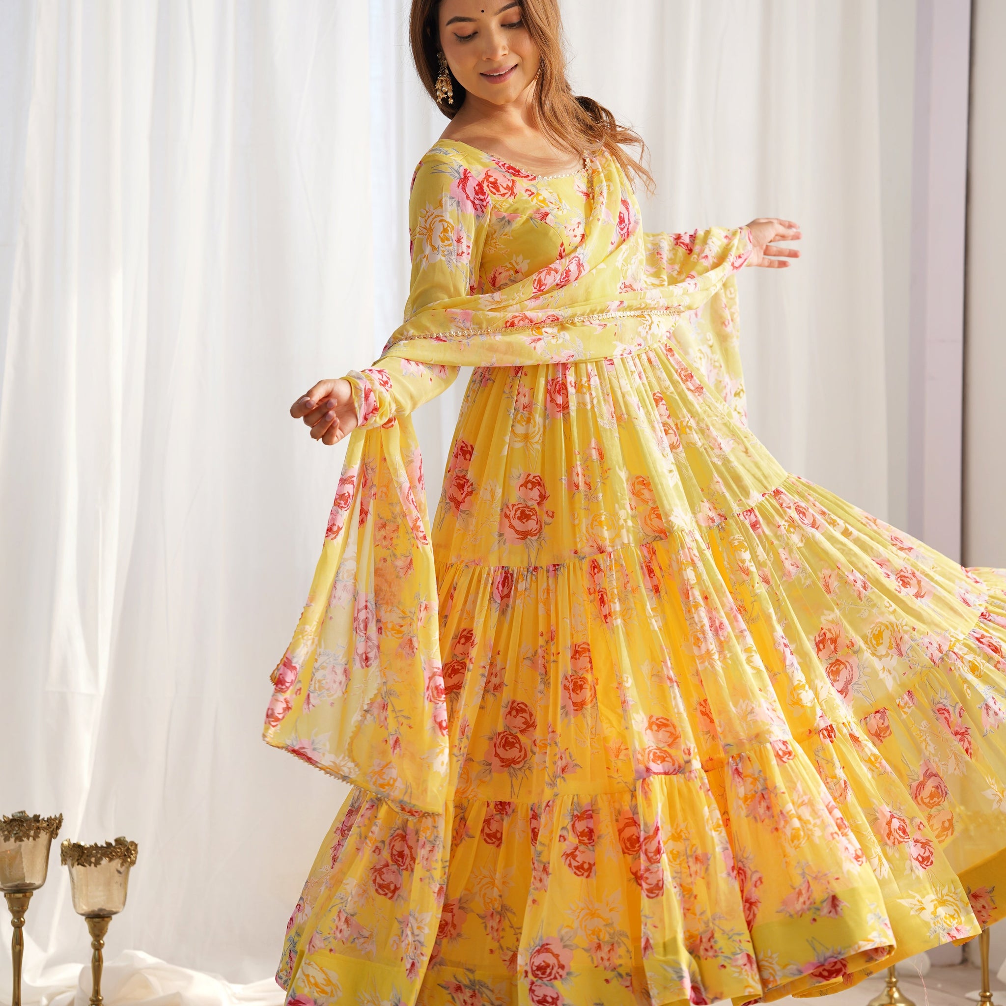 CANDY YELLOW FLORAL 3-LAYER GEORGETTE GOWN WITH DUPATTA