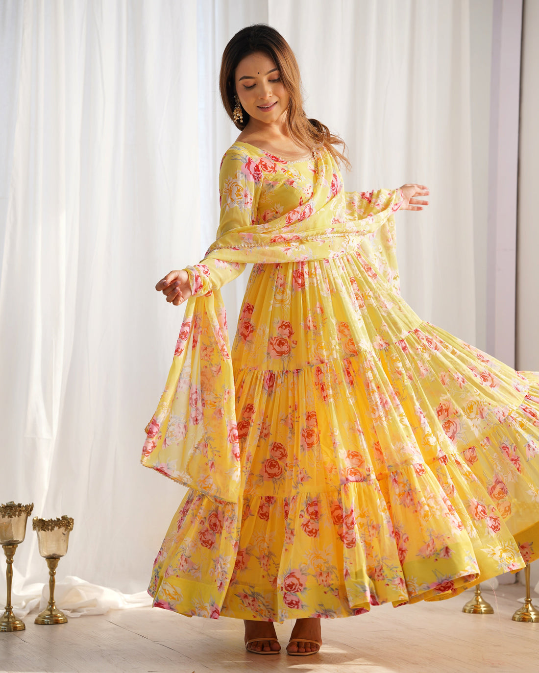 CANDY YELLOW FLORAL 3-LAYER GEORGETTE GOWN WITH DUPATTA