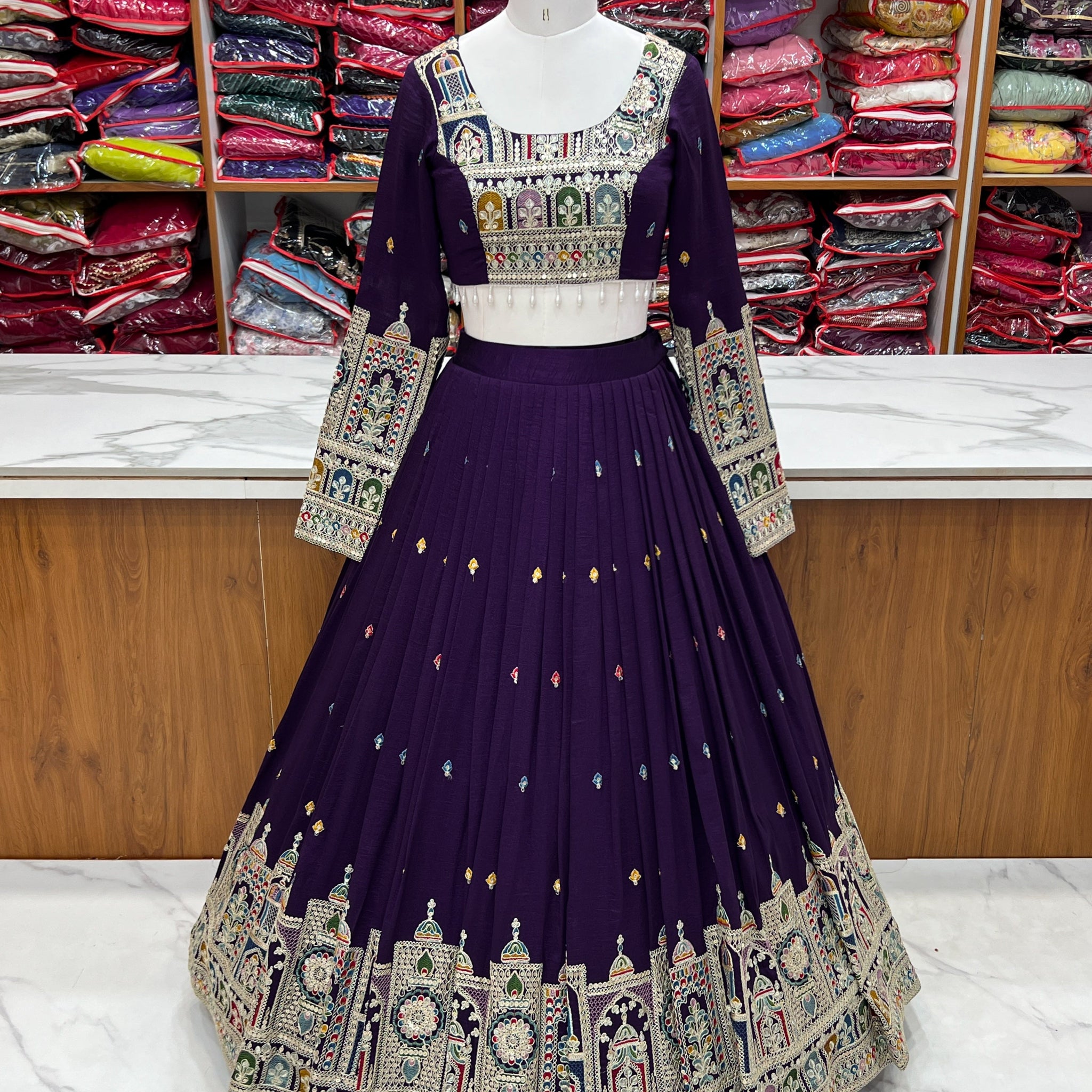 DARK PURPLE COLOR VICHITRA SILK BASE WEDDING SPECIAL FULLY STITCHED LEHENGA CHOLI
