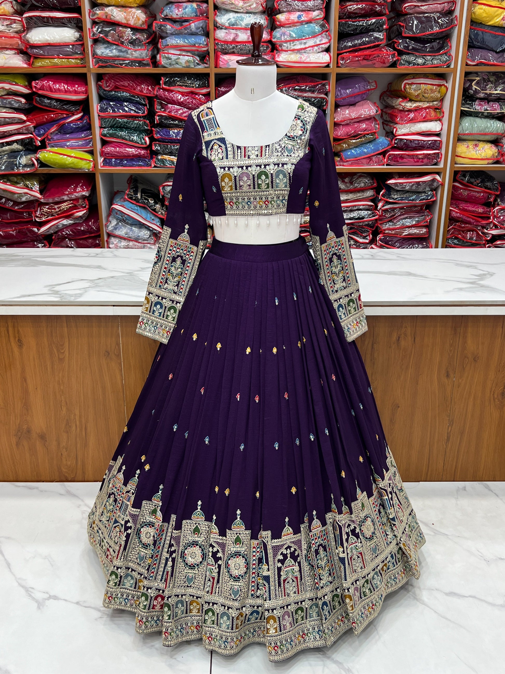 DARK PURPLE COLOR VICHITRA SILK BASE WEDDING SPECIAL FULLY STITCHED LEHENGA CHOLI
