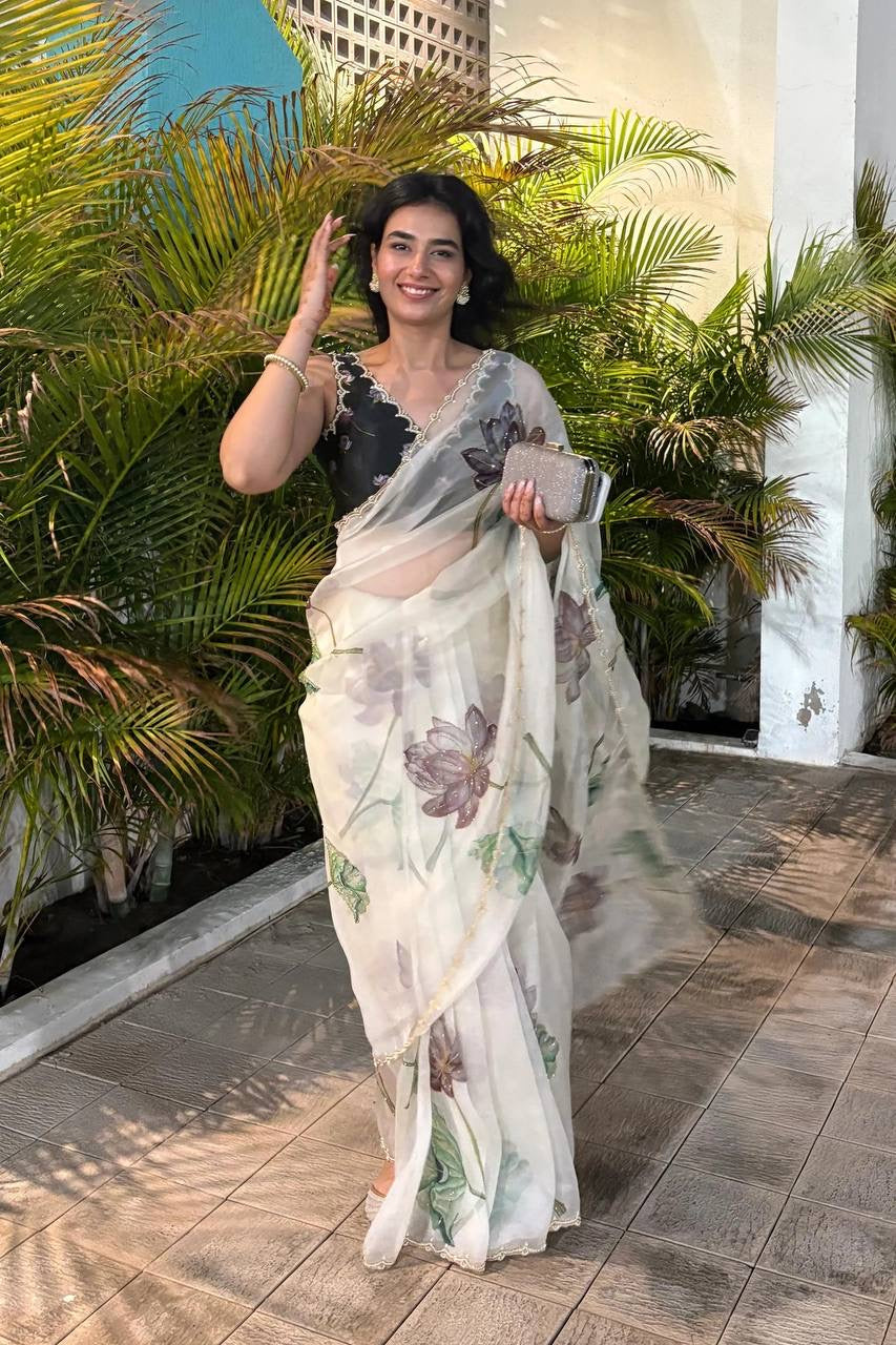 KAMAL SMOKE WHITE ORGANZA SILK SAREE