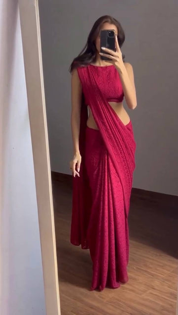 PINK SOFT GEORGETTE LUCKNOWI WORK SAREE WITH UNSTITCHED BLOUSE