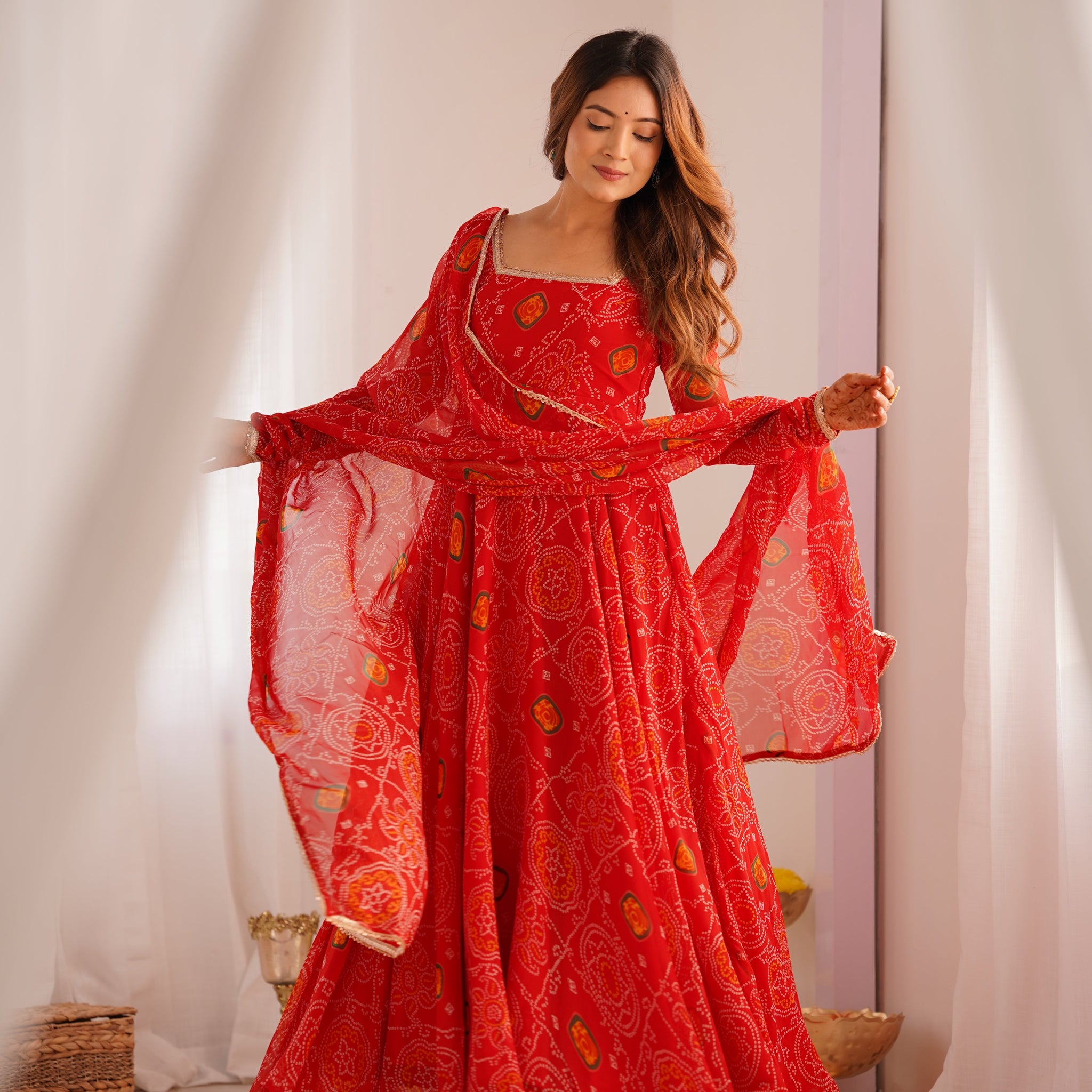 FLORAL RED COLOR BANDHANI PRINT SOFT CHIFFON THREE PIECE ANARKALI GOWN