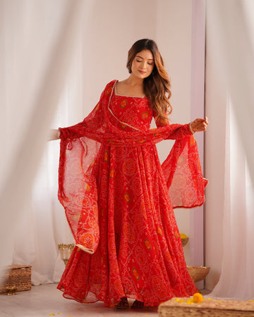 FLORAL RED COLOR BANDHANI PRINT SOFT CHIFFON THREE PIECE ANARKALI GOWN