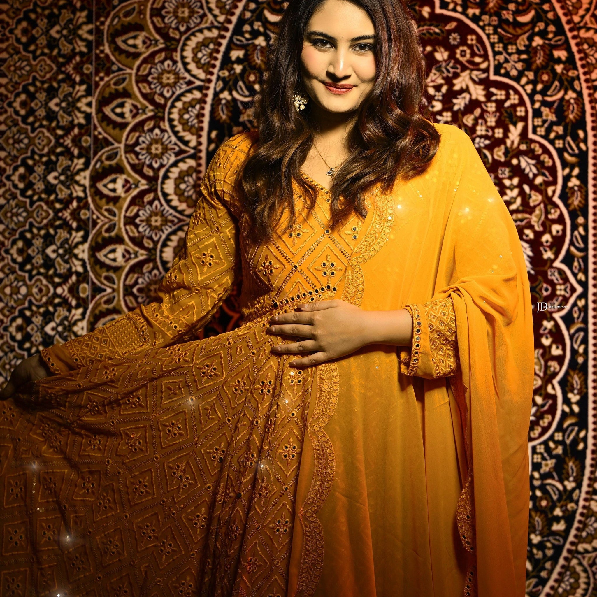 LUXURIOUS YELLOW GEORGETTE ANARKALI SUIT SET WITH LAKHNAWI WORK