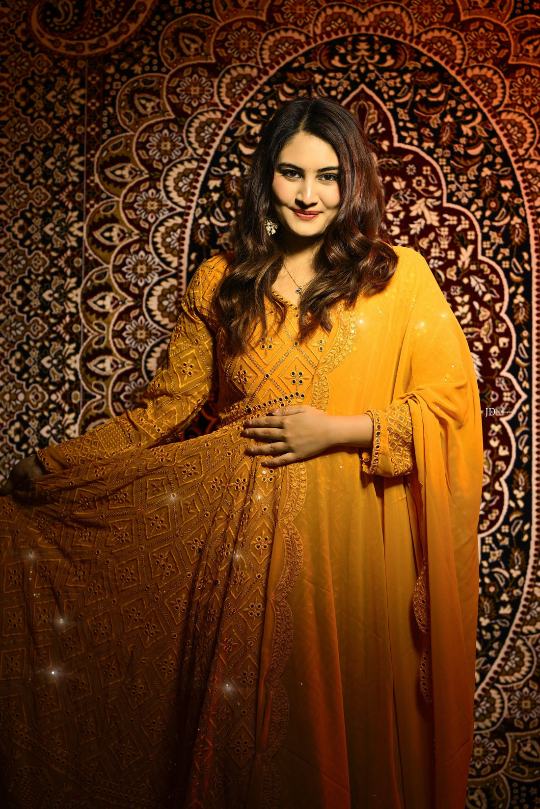 LUXURIOUS YELLOW GEORGETTE ANARKALI SUIT SET WITH LAKHNAWI WORK