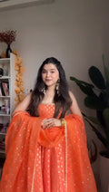 JUICY ORANGE COLOR JACQUARD ANARKALI GOWN