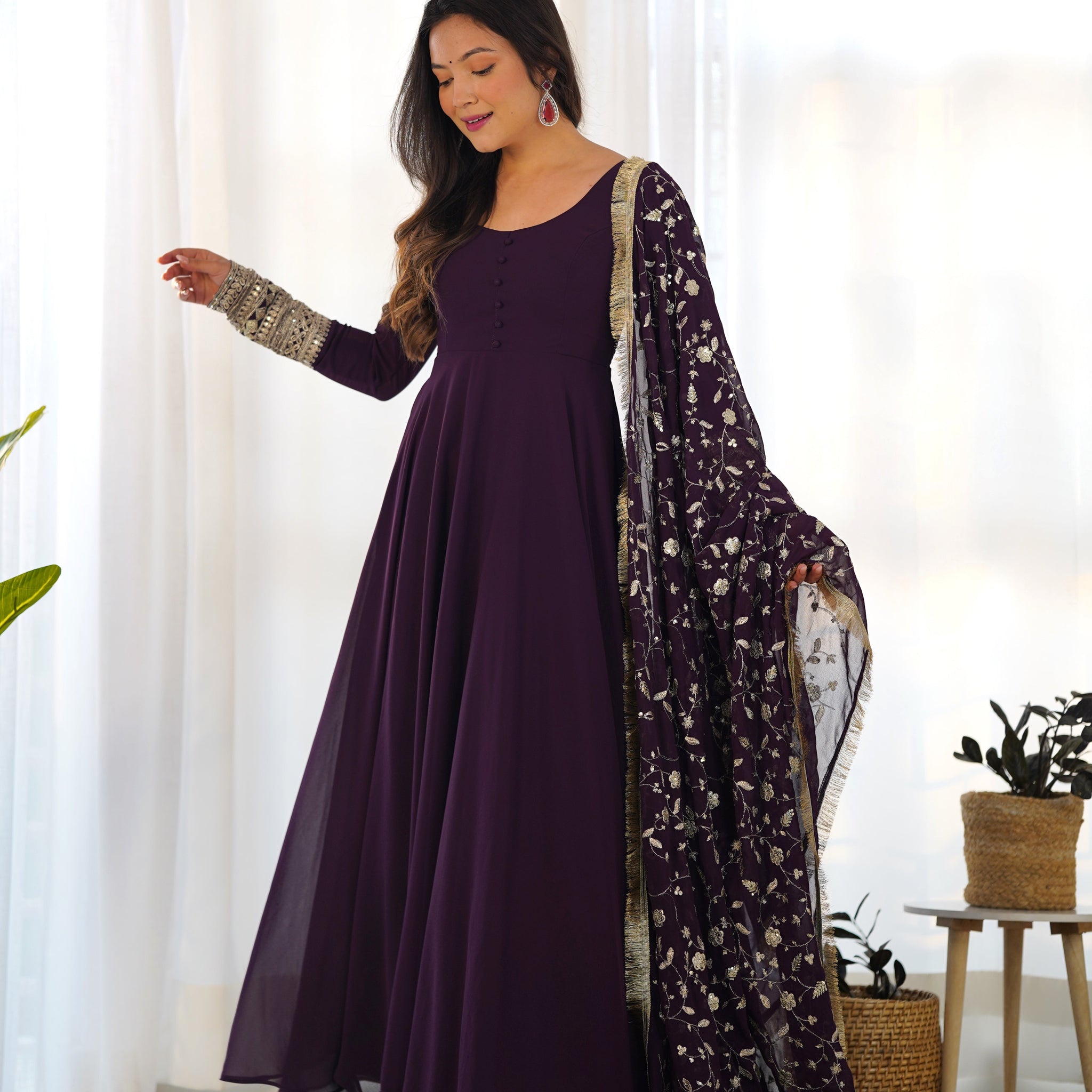 ELEGANT WINE GEORGETTE GOWN SET WITH DUPATTA - LUXURIOUS & CHIC