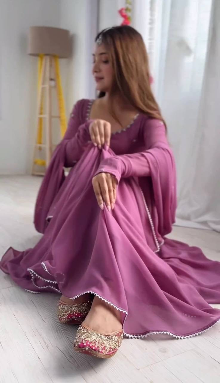 LAVENDER COLOR GEORGETTE BASE NECK BORDER WORK ANARKALI SUIT
