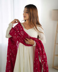 WHITE VICHITRA SILK ANARKALI SUIT WITH RANI PINK HEAVY DUPATTA