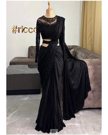 BLACK SAREE IN SATIN SILK WITH LACE TRIMS AND UNSTITCHED BLOUSE PIECE