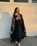 GLORIOUS BLACK COLOR GEORGETTE BASE DESIGNER LOOK ANARKALI SUIT WITH CHURIDAR AND EMBROIDERY WORK DUPPATA SET OF 3