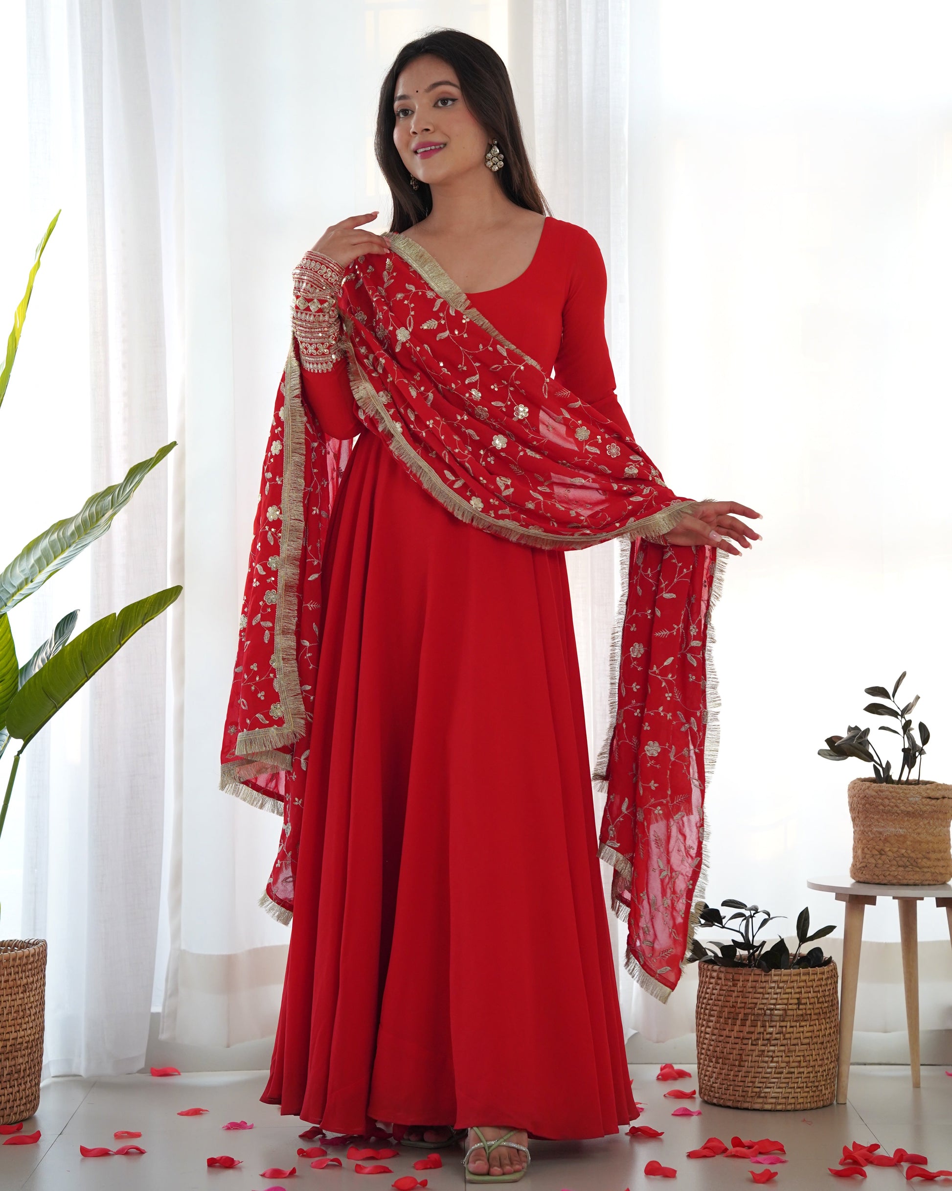 GOURGEOUS RED COLOR GEORGETTE GOWN FULL SET WITH EMBROIDERED DUPATTA