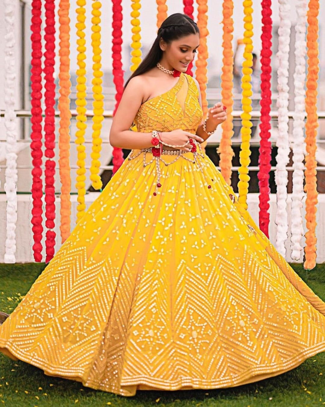 SUNSHINE YELLOW COLOR HEAVY GEORGETTE BASE DESIGNER LOOK FLARED LEHENGA CHOLI