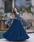TEAL BLUE PURE SOFT FOX GEORGETTE ANARKALI SUIT SET WITH HUGE FLAIR, DUPATTA & PANT