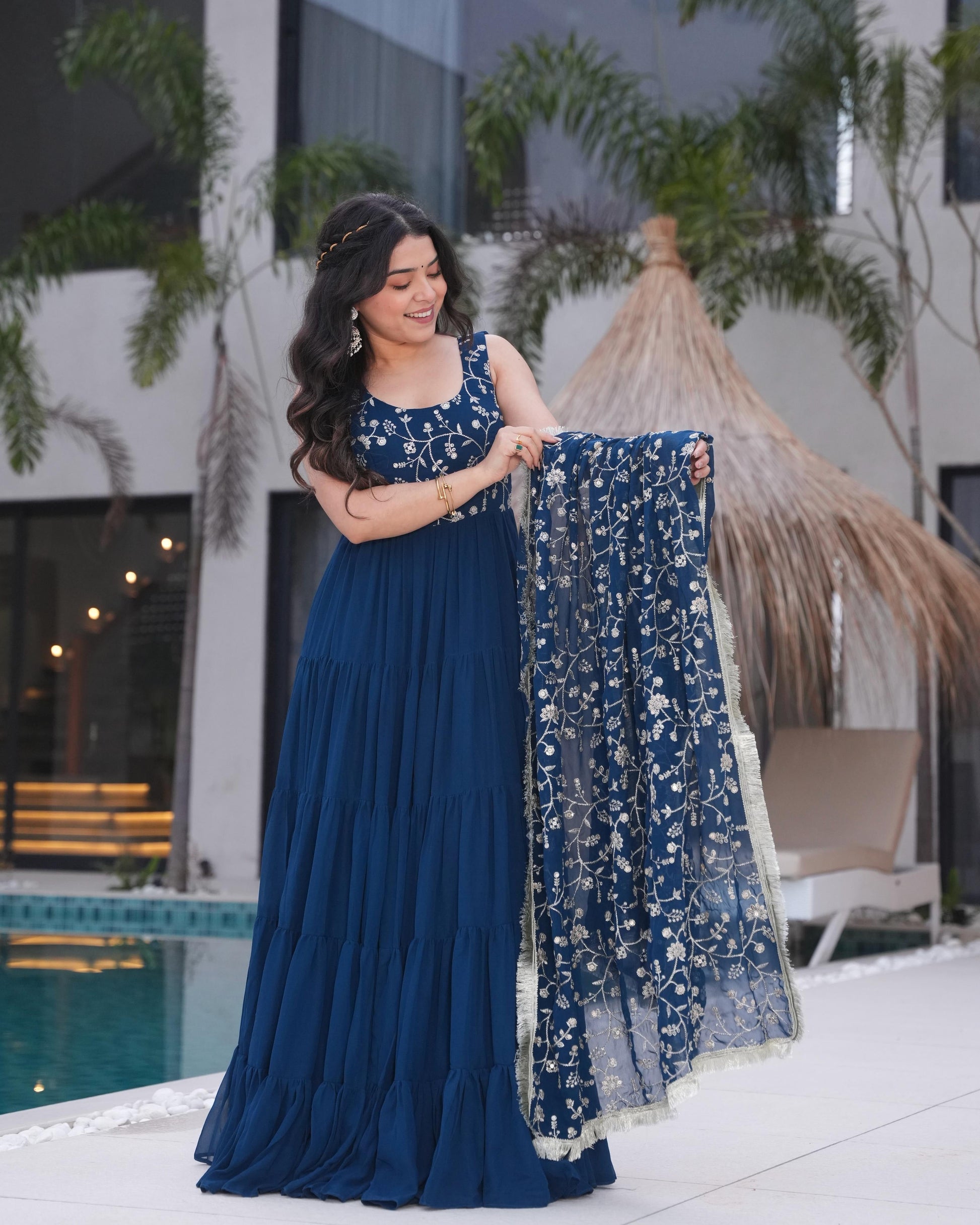 TEAL BLUE PURE SOFT FOX GEORGETTE ANARKALI SUIT SET WITH HUGE FLAIR, DUPATTA & PANT