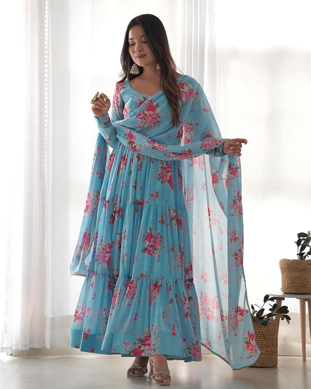 SKY BLUE FLORAL 3-LAYER GEORGETTE GOWN WITH DUPATTA