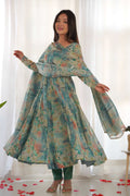 GREEN FLORAL ORGANZA ANARKALI SUIT SET