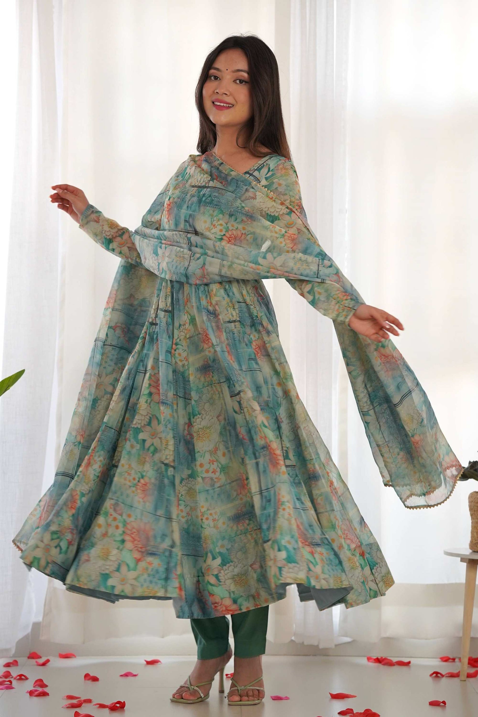 GREEN FLORAL ORGANZA ANARKALI SUIT SET