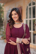 SOPHISTICATED MAROON ZARI SEQUINS EMBROIDERED GOWN