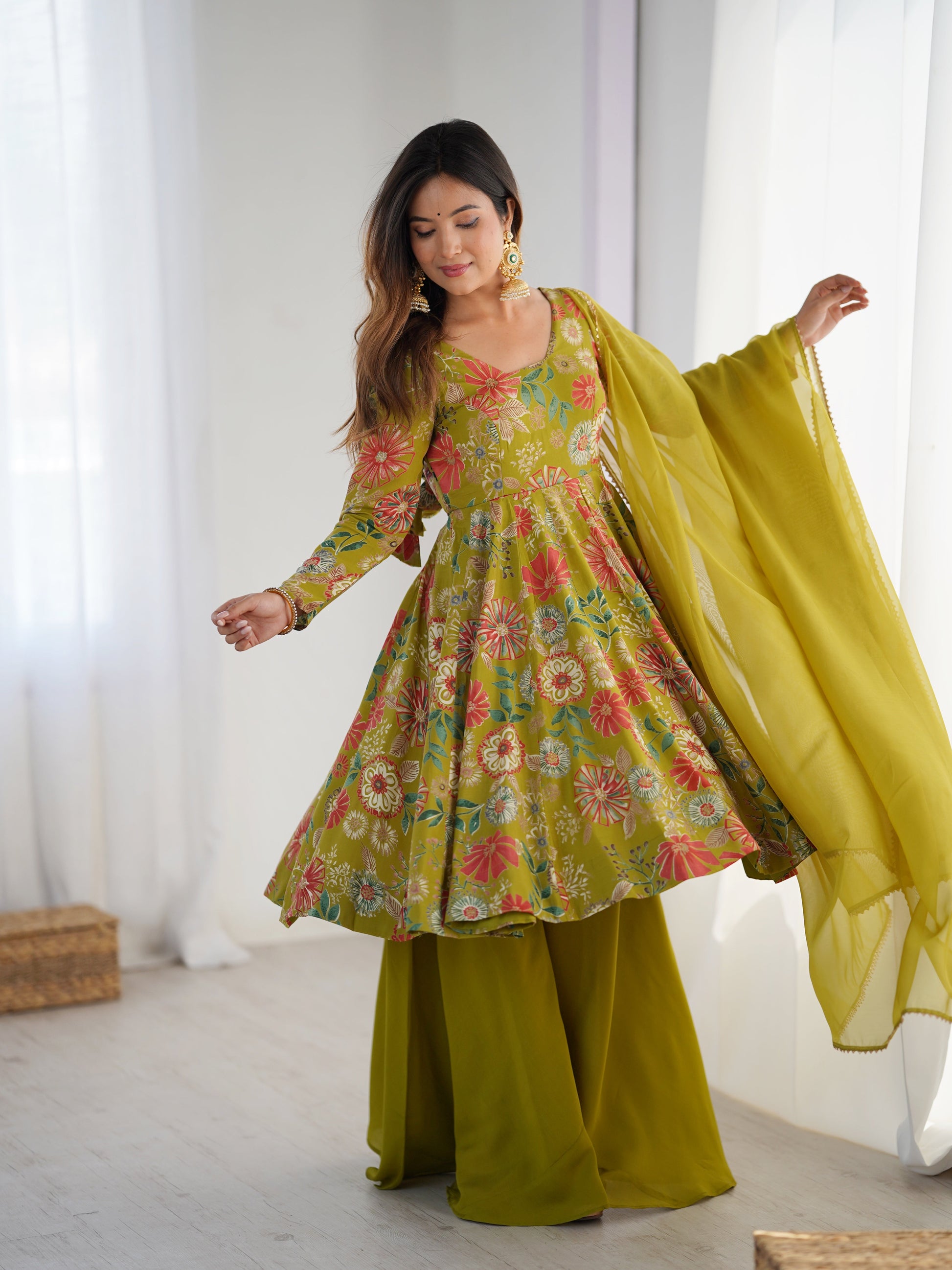 MEHENDI GREEN COLOR ROMAN SILK BASE PRINTED PLAZZO SUIT SET OF 3