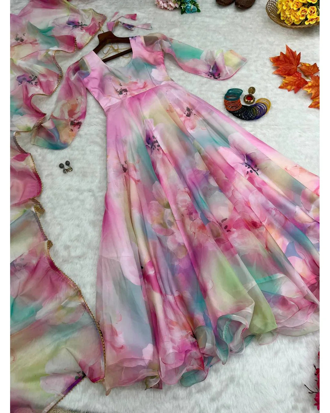 DESIGNER PINK COLOR ORGANZA SILK BASE DIGITAL PRINT WORK GOWN PANT WITH DUPATTA