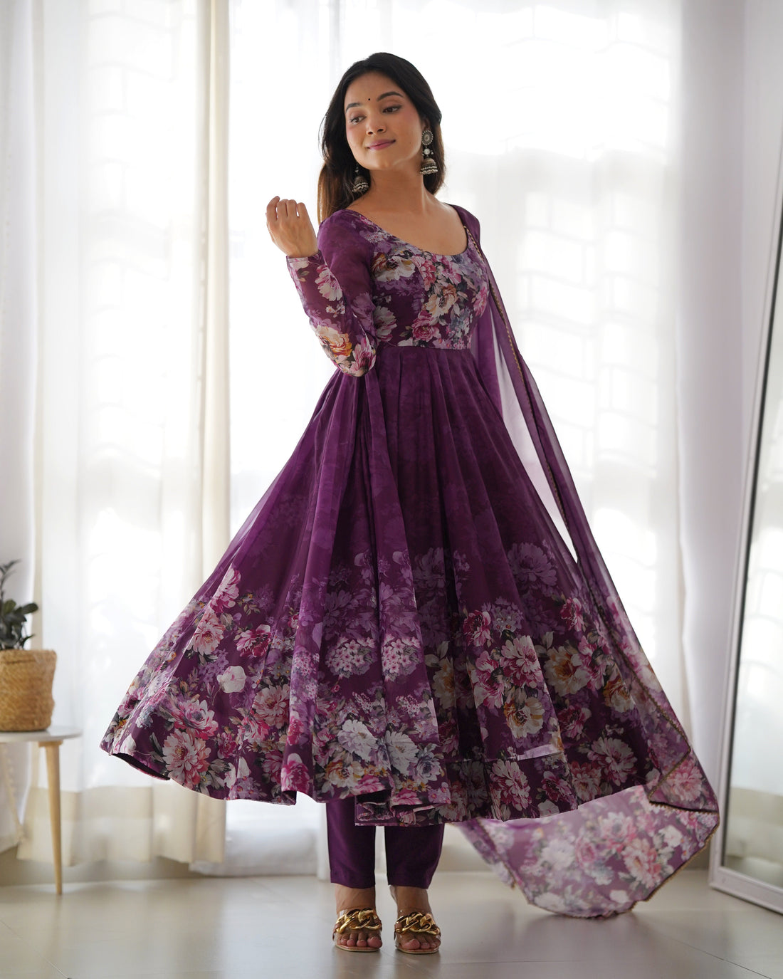 TRENDY WINE FLORAL PRINTED ANARKALI SUIT SET WITH DUPATTA - MODERN & CHIC