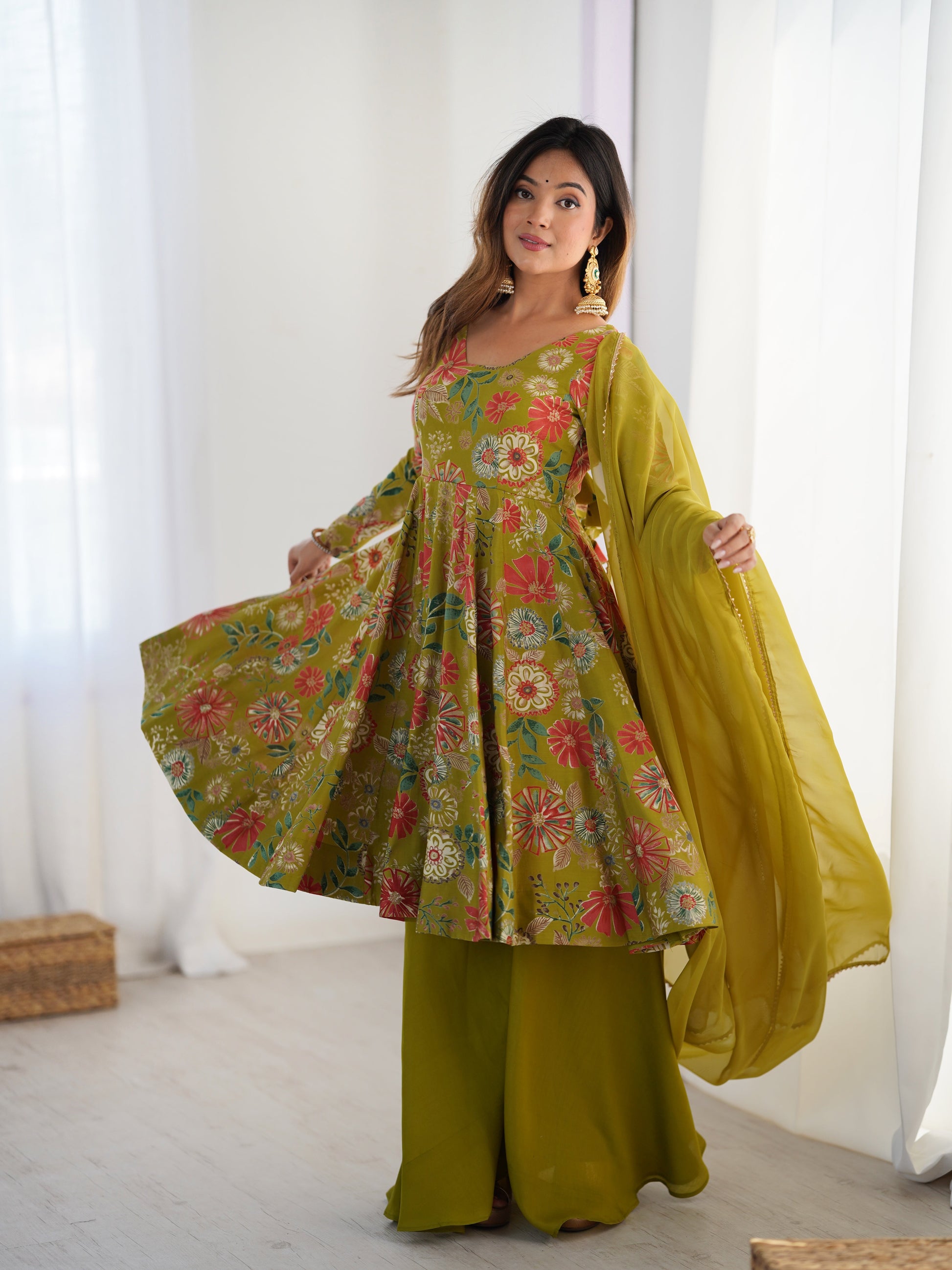 MEHENDI GREEN COLOR ROMAN SILK BASE PRINTED PLAZZO SUIT SET OF 3