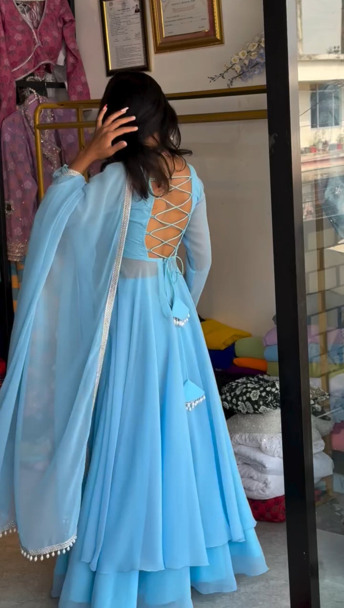 SKYBLUE COLOR BACKLESS ANARKALI PLAZZO SUIT SET OF 3