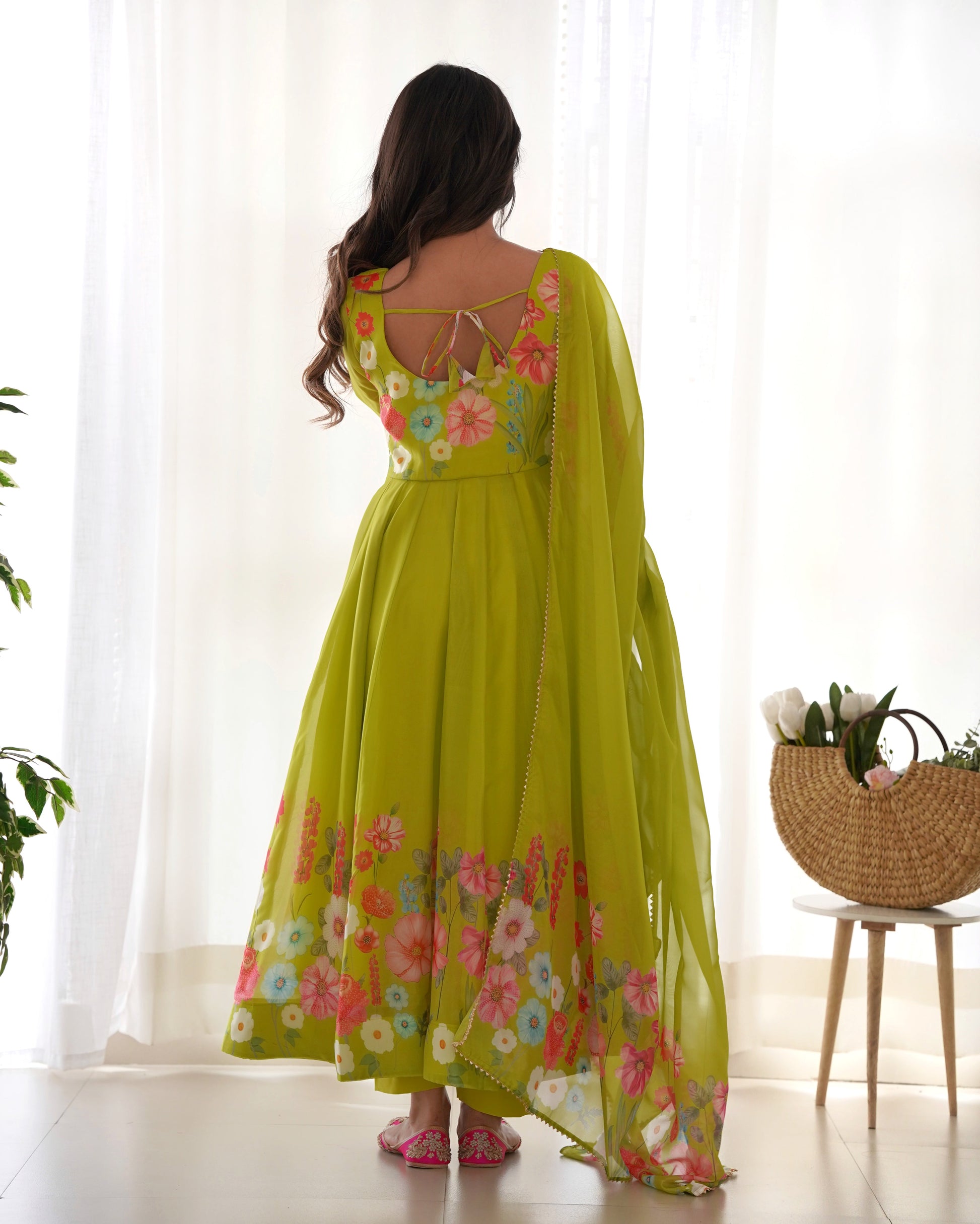 READY-TO-WEAR NEON YELLOW FLORAL ANARKALI WITH HANDWORK & DUPATTA