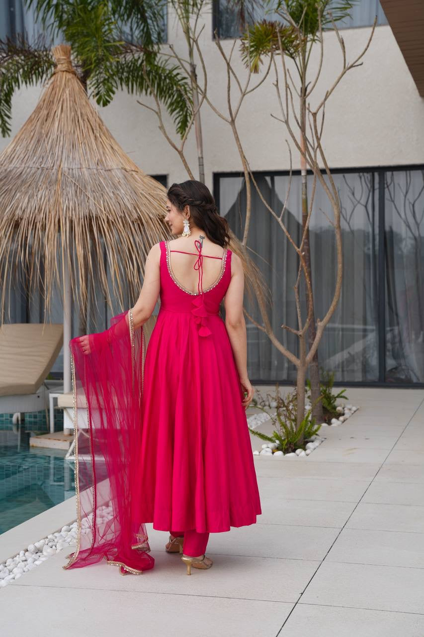 RANI PINK COLOR CHANDERI PURE ROMAN SILK ANARKALI SUIT