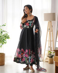 ELEGANT BLACK FLORAL PRINT ANARKALI WITH ZARI WORK AND DUPATTA - READY-TO-WEAR