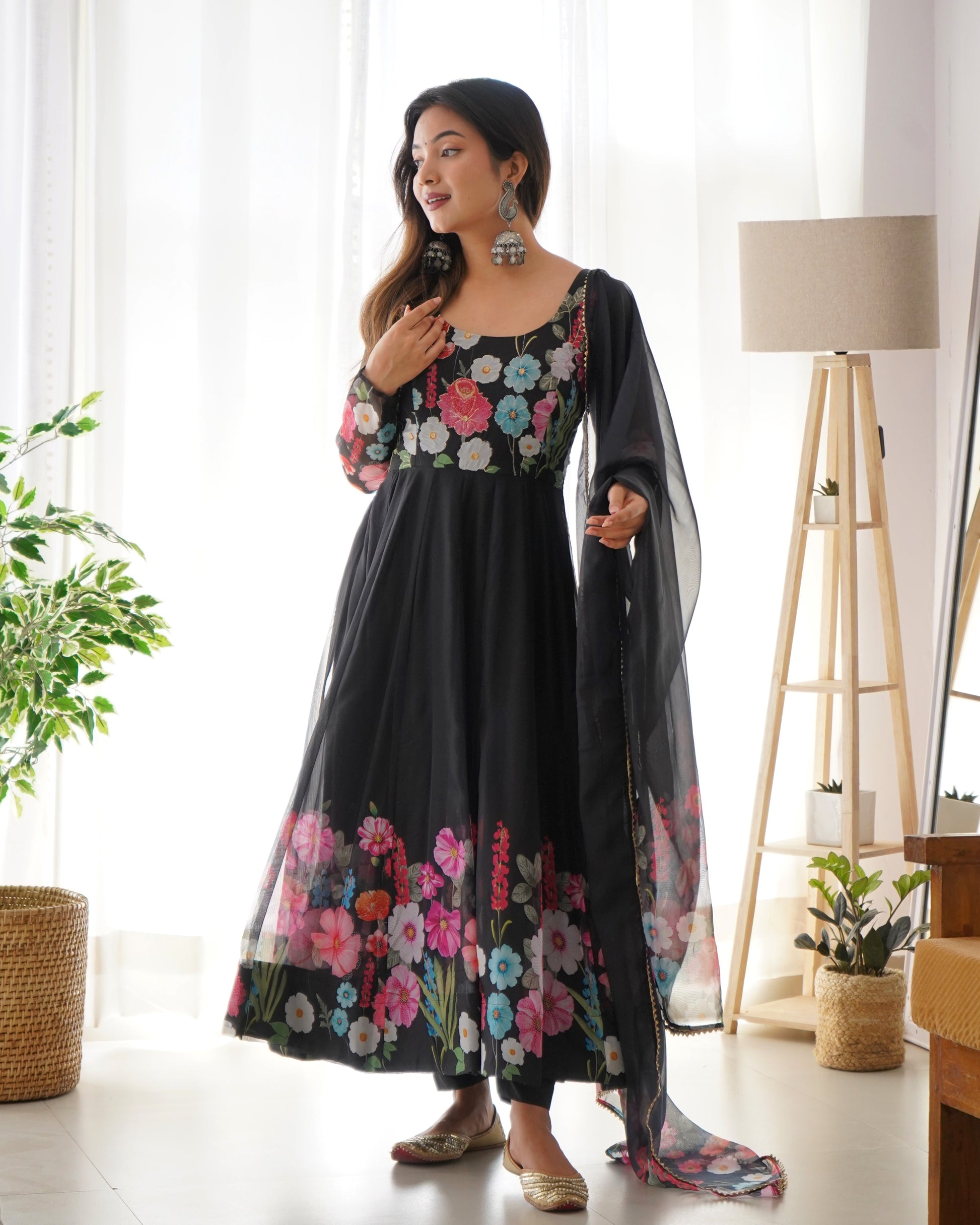 ELEGANT BLACK FLORAL PRINT ANARKALI WITH ZARI WORK AND DUPATTA - READY-TO-WEAR