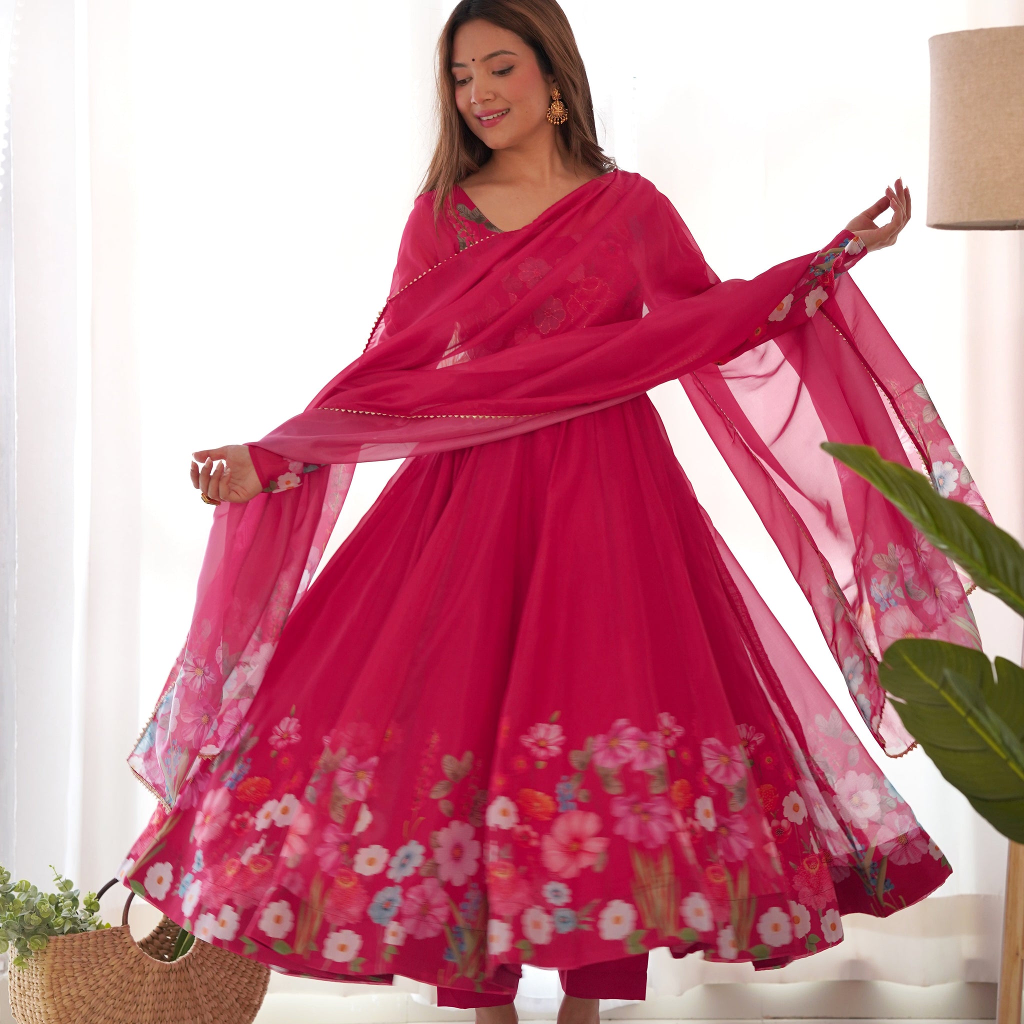 BEET RED FLOWER PRINT ORGANZA SILK ANARKALI SUIT SET
