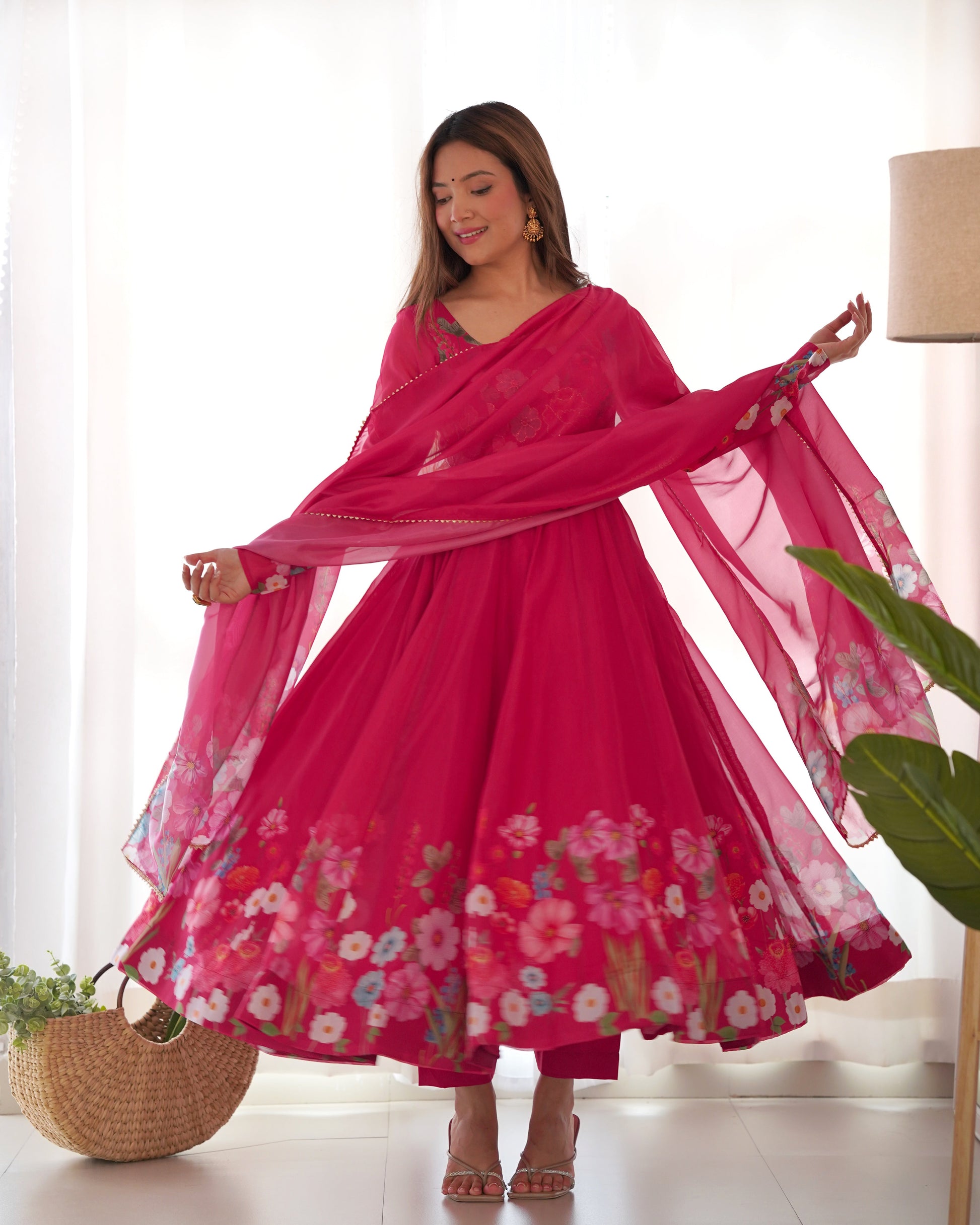 BEET RED FLOWER PRINT ORGANZA SILK ANARKALI SUIT SET