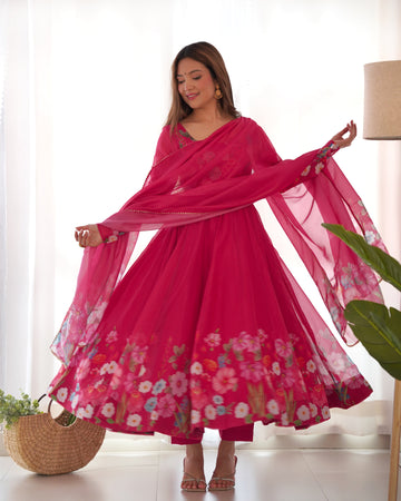BEET RED FLOWER PRINT ORGANZA SILK ANARKALI SUIT SET