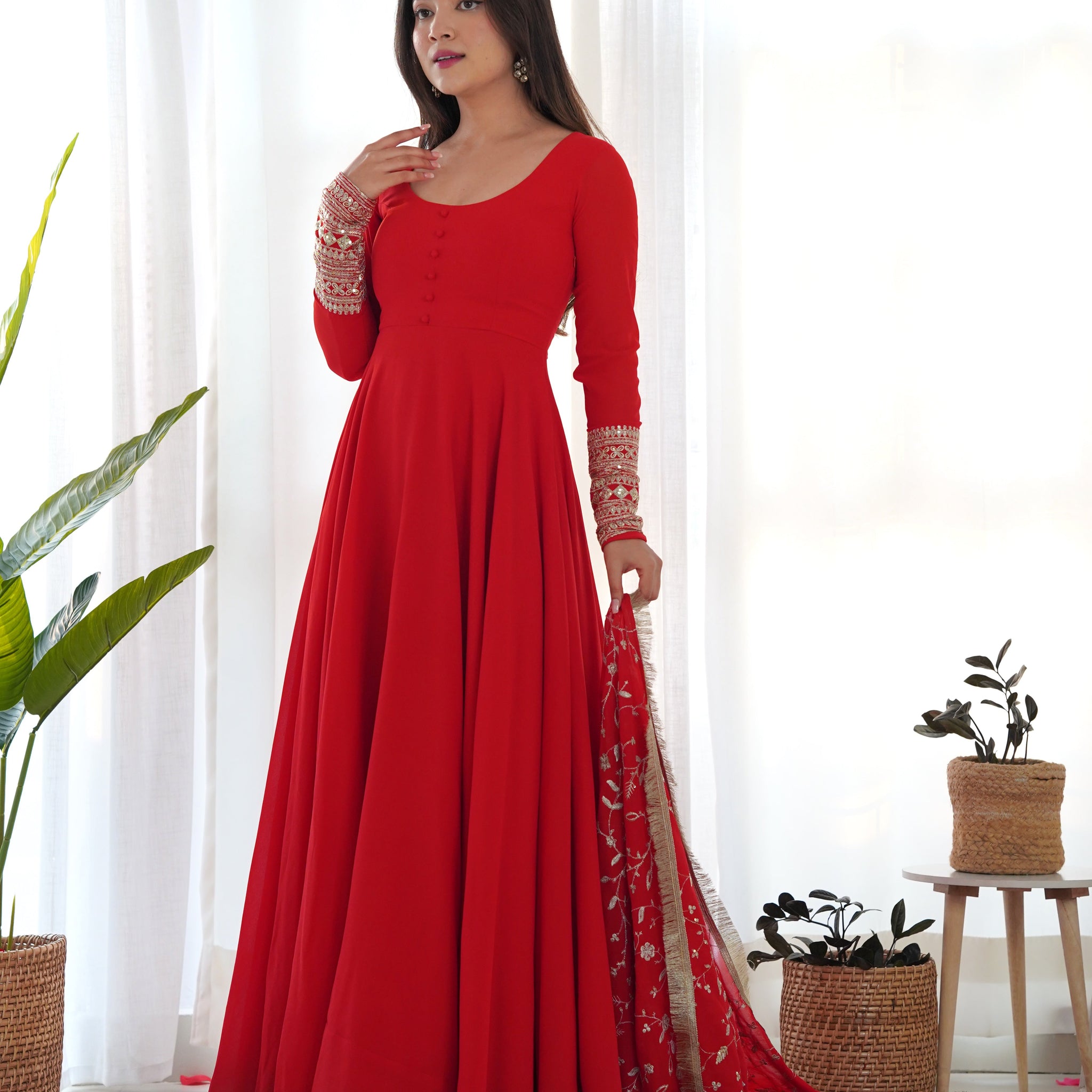 GOURGEOUS RED COLOR GEORGETTE GOWN FULL SET WITH EMBROIDERED DUPATTA