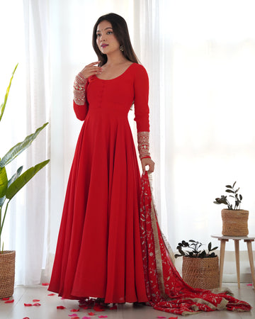 GOURGEOUS RED COLOR GEORGETTE GOWN FULL SET WITH EMBROIDERED DUPATTA