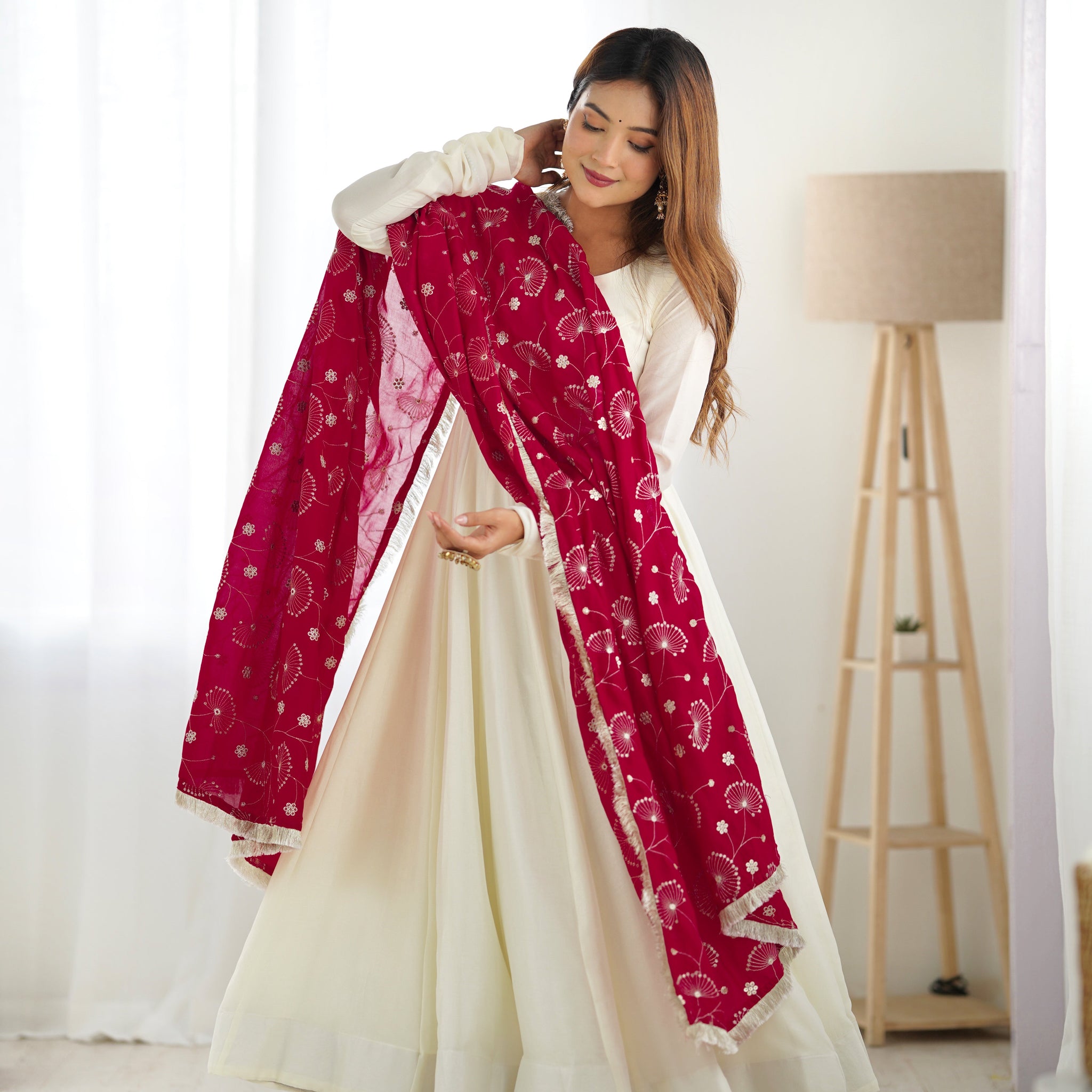 WHITE VICHITRA SILK ANARKALI SUIT WITH RANI PINK HEAVY DUPATTA