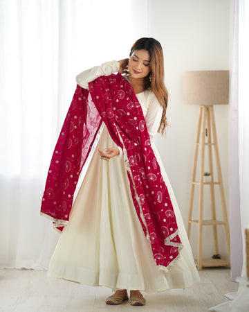 WHITE VICHITRA SILK ANARKALI SUIT WITH RANI PINK HEAVY DUPATTA