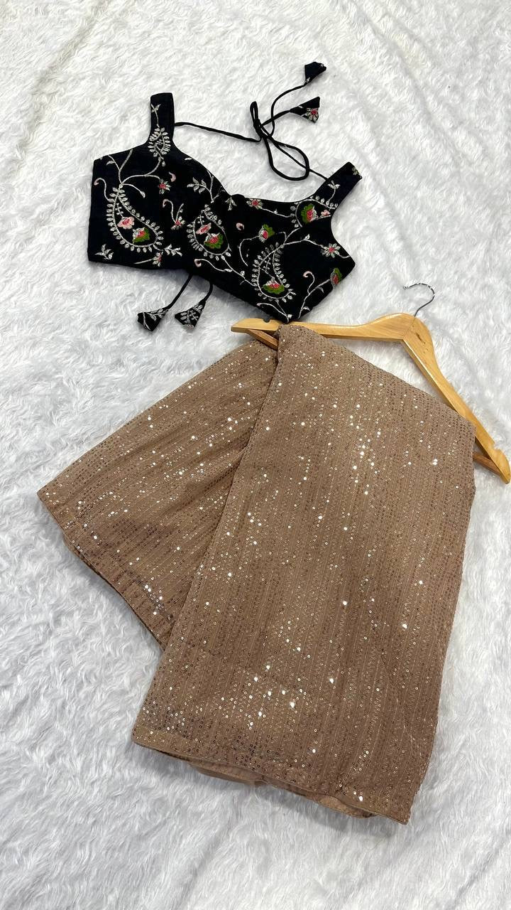 DESIGNER LOOK SEQUENCE WORKED BEIGE COLOR SAREE WITH BLACK COLOR BLOUSE